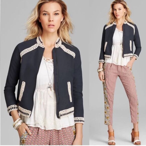 Free People Crochet Trim Baseball Bomber Jacket Size M - Picture 1 of 12